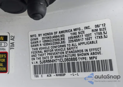 2012 Honda Cr-V Ex-L z USA, uszkodzony, nr VIN 5J6RM4H71CL060886
